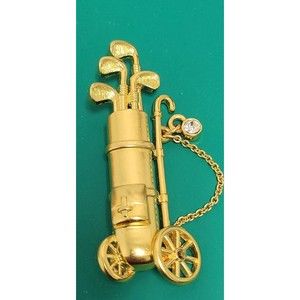 Vintage Golf Bag Gold Tone Pin Brooch Moving Wheel Rhinestone Chain Figural